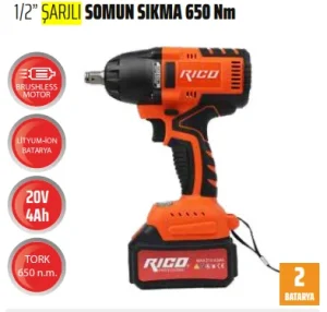 Rico 1/2 20V 4Ah Şarjlı Somun Sökme Sıkma Makinesi 650Nm - 028-Re0007