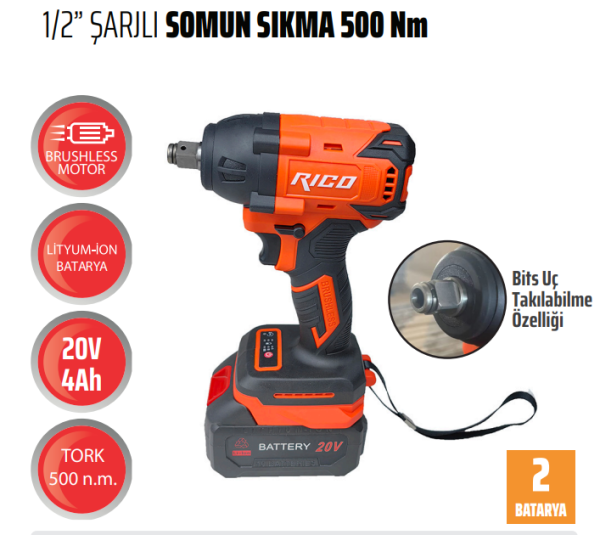 Rico 1/2 20V 4Ah Şarjlı Somun Sökme Sıkma Makinesi 500Nm