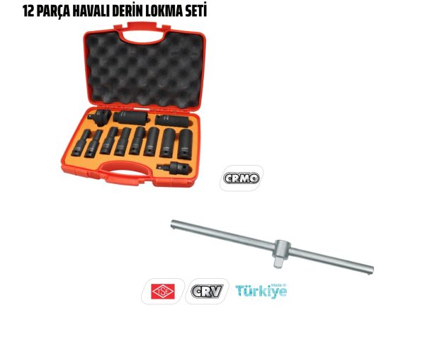 Rico Havalı Lokma Takımı Seti 12 Parça 1/2 6 Köşe 1/2 250mm T Kol