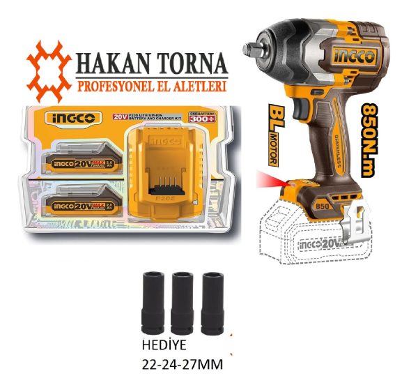 Ingco 1/2&Quot; 20V 2.0Ah Akülü Darbeli Bijon Sökme Şarjlı Somun Sökme 850Nm - Ciwli20851-020