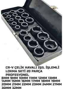 HT 1/2 Havalı Kısa Lokma Takımı Siyah Darbeli Lokma Seti 20 Parça - HPT20