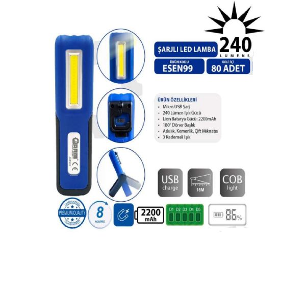 ARM Şarjlı Led Lamba Mıknatıslı Fener 240 Lümen