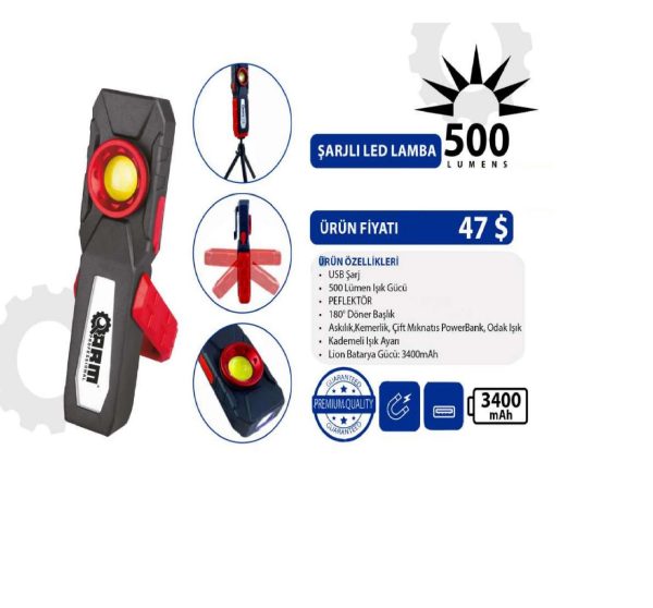 ARM Şarjlı Mıknatıslı Led Lamba 500 Lümen ESEN148