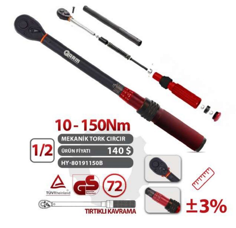 Arm 1/2 Cırcırlı Tork Kolu Anahtarı 10-150Nm - Hy-80191150B Arm 1/2 Cırcırlı Tork Kolu Anahtarı 10-150Nm