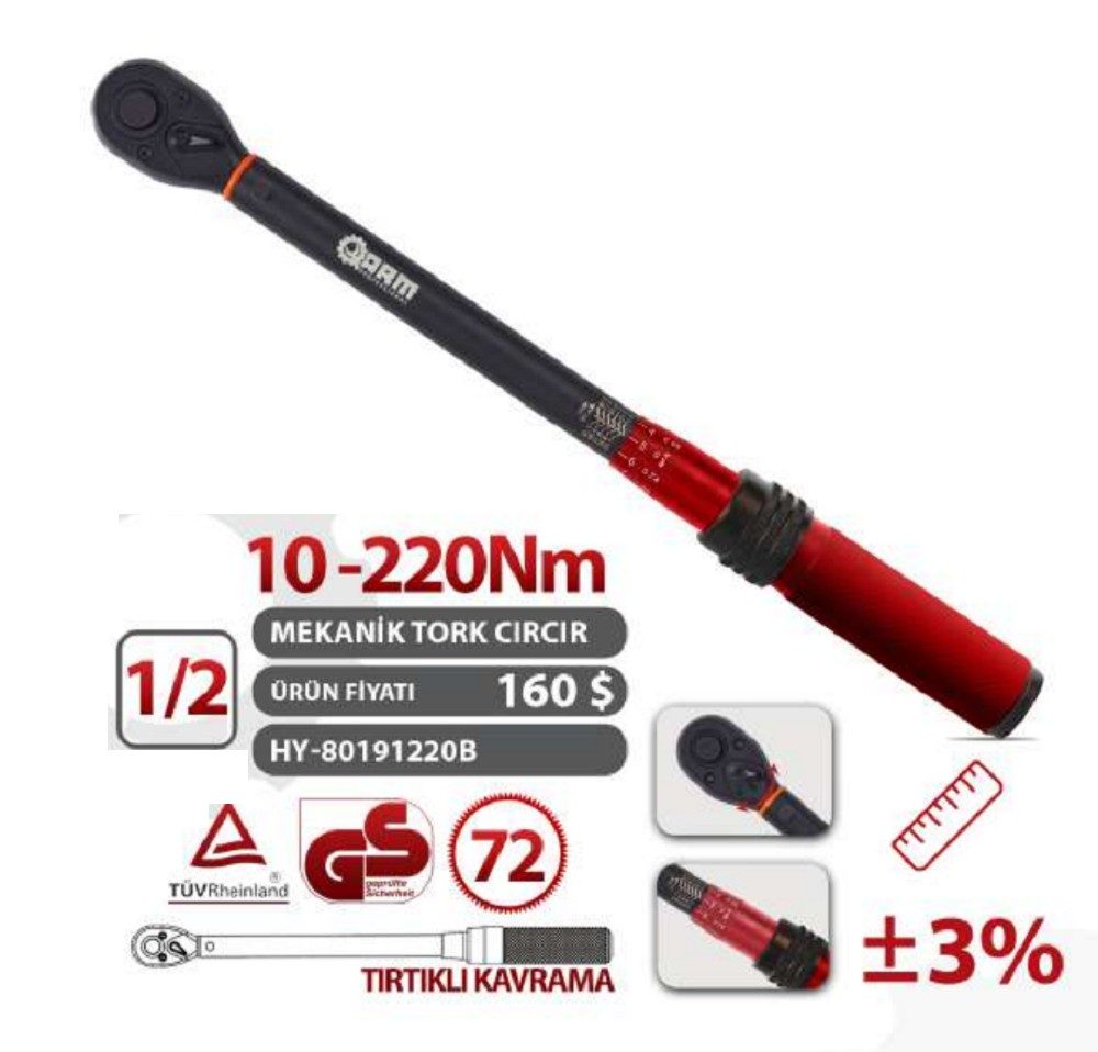Arm 1/2 Cırcırlı Tork Kolu Anahtarı - Hy-80191150B-1 Arm 1/2 Cırcırlı Tork Kolu Anahtarı 10–220 Nm